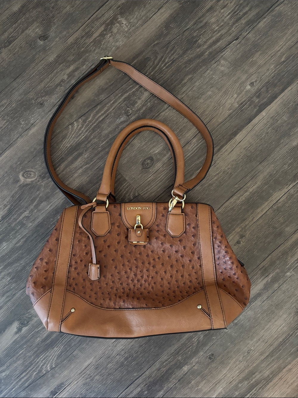 London Fog Brown Ostrich Pattern Satchel Bag Gold Hardware Padlock Accent